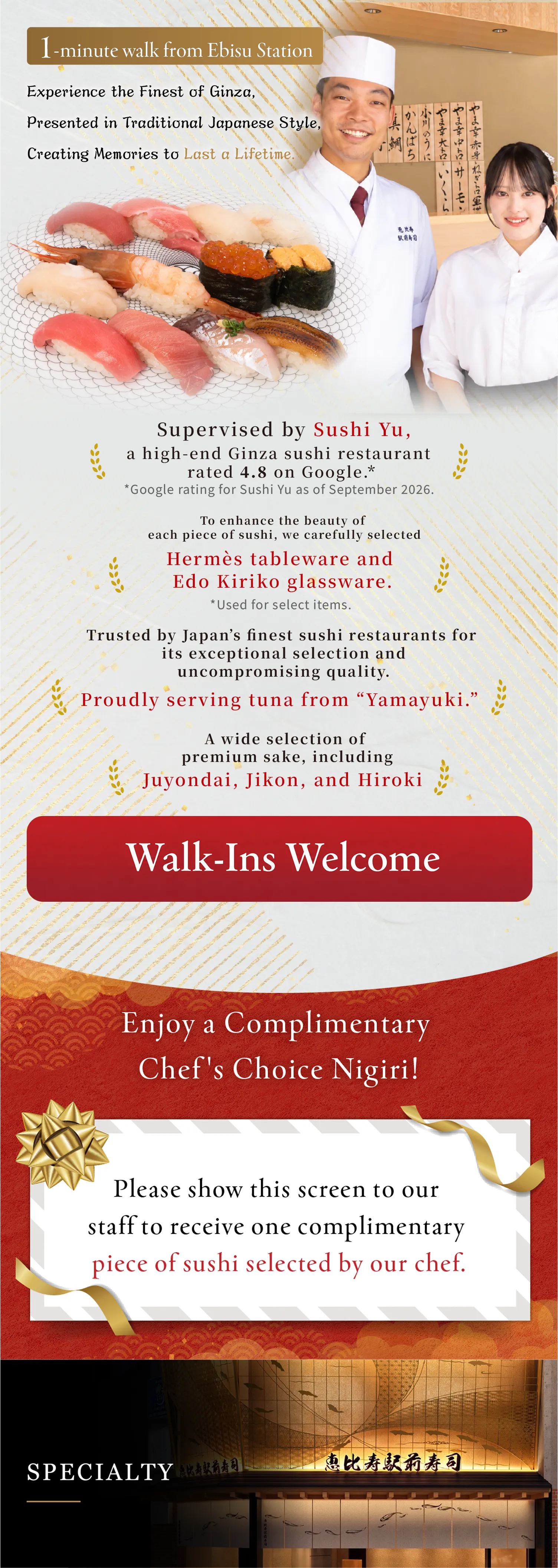 Ebisu Ekimae Sushi — 1-minute walk from Ebisu Station. Walk-ins welcome.