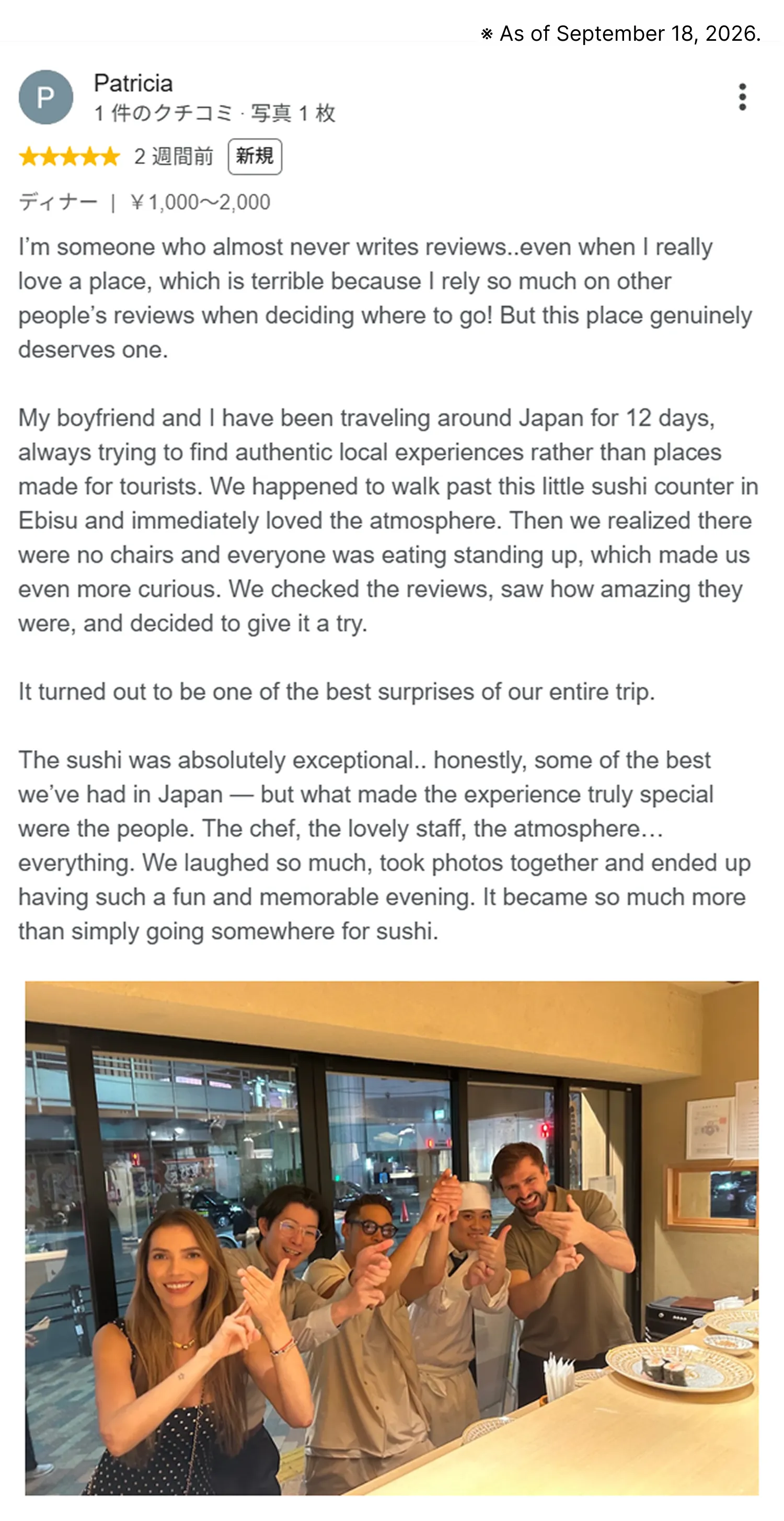 Google review from Patricia: five stars. The sushi was exceptional, and the chef and staff made the evening fun and memorable.